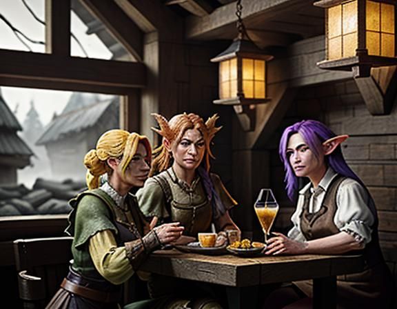 Female Goblins Drinking Cocktails in Rustic Tavern