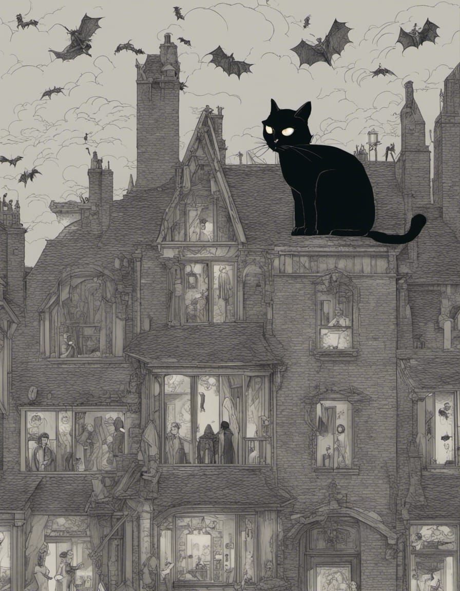 Black Cats and Bats in Film Noir Art Deco Style