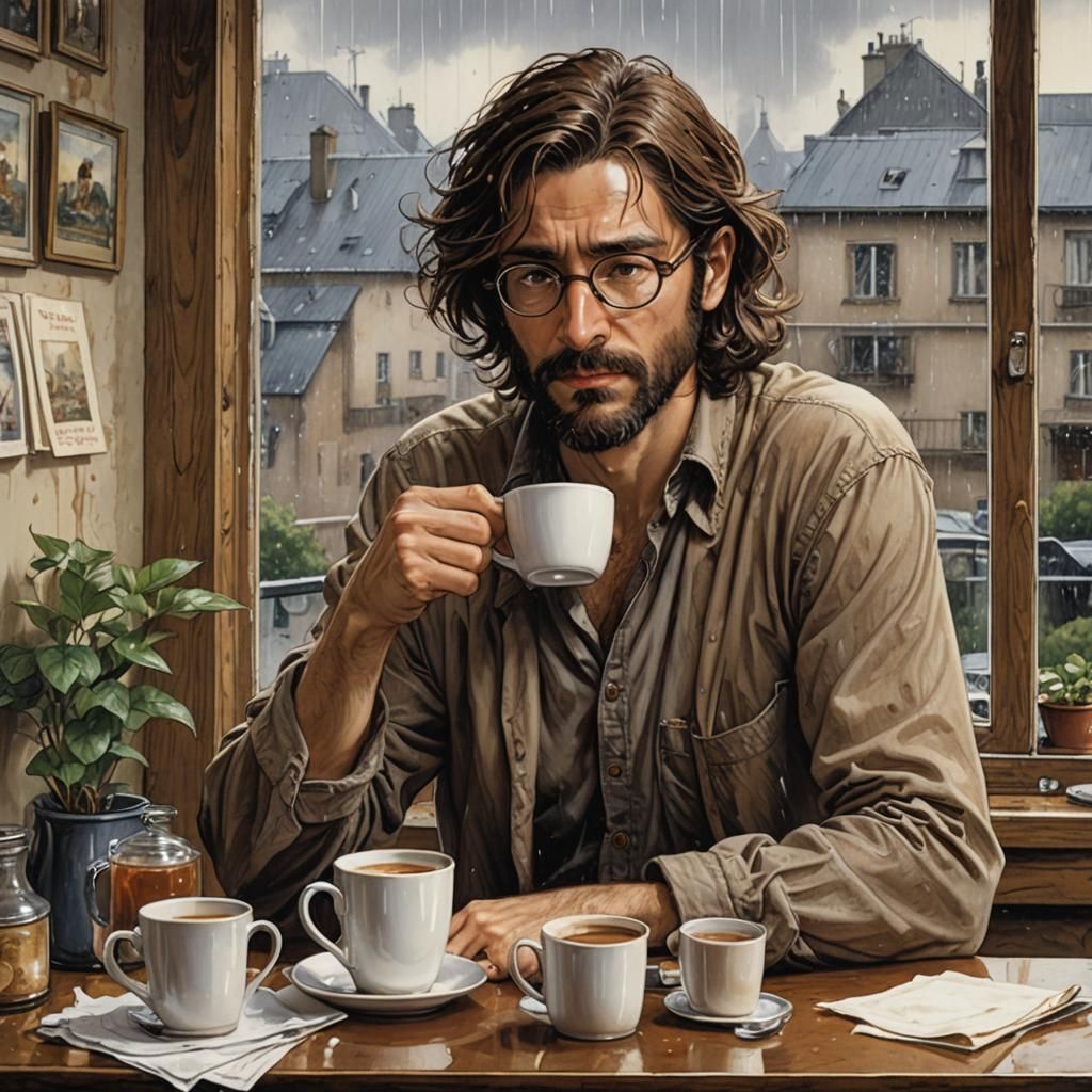 Tired Man Drinking Coffee on Rainy Day