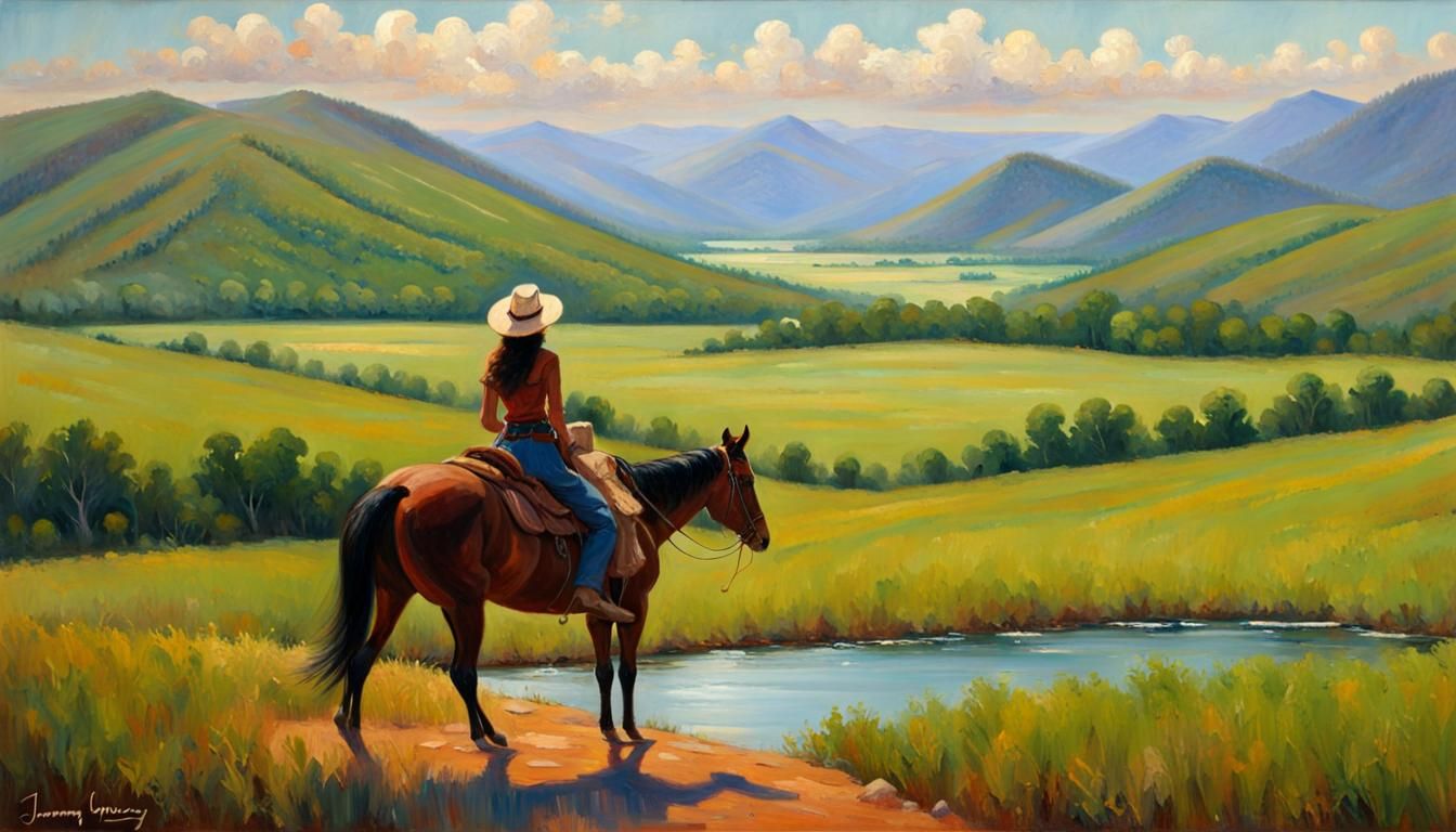 Cowgirl on Horseback in Vast Landscape Painting