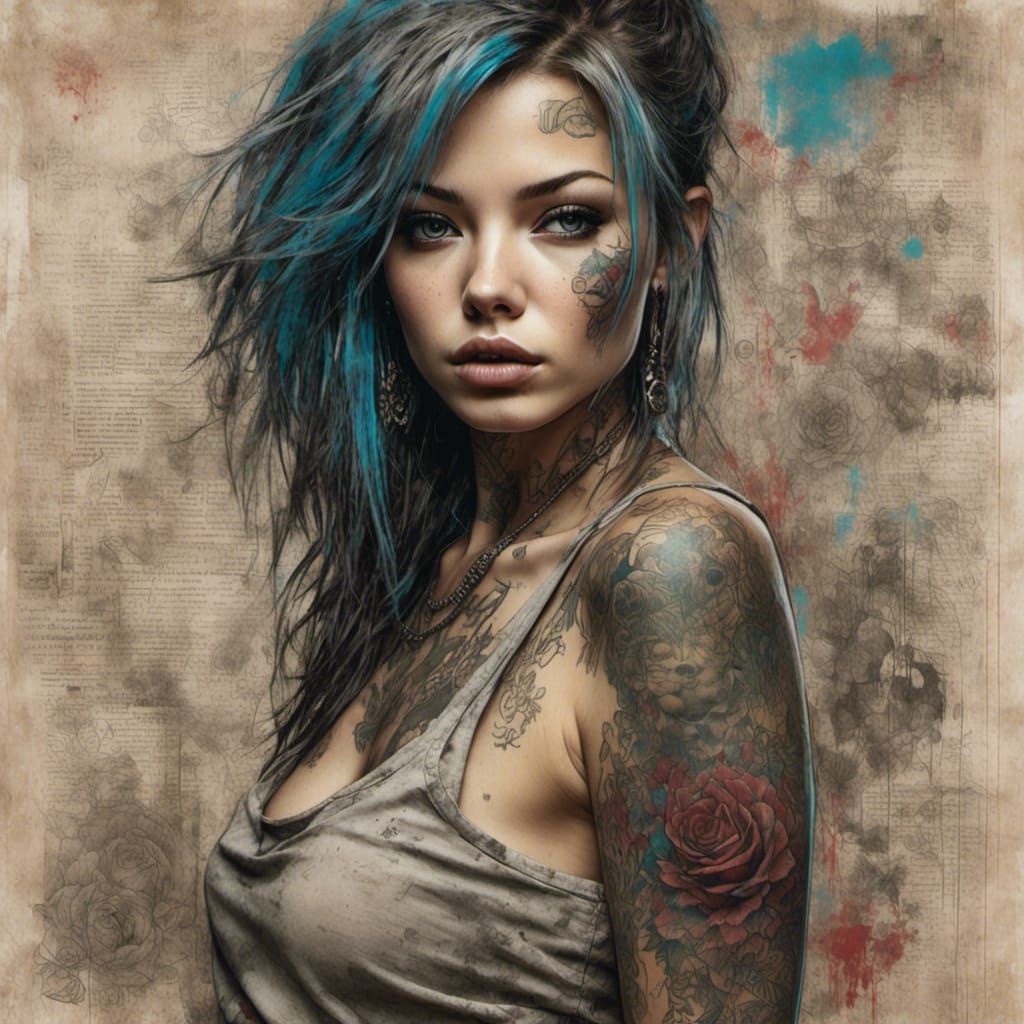 Tattooed Woman in Grunge Poster Style