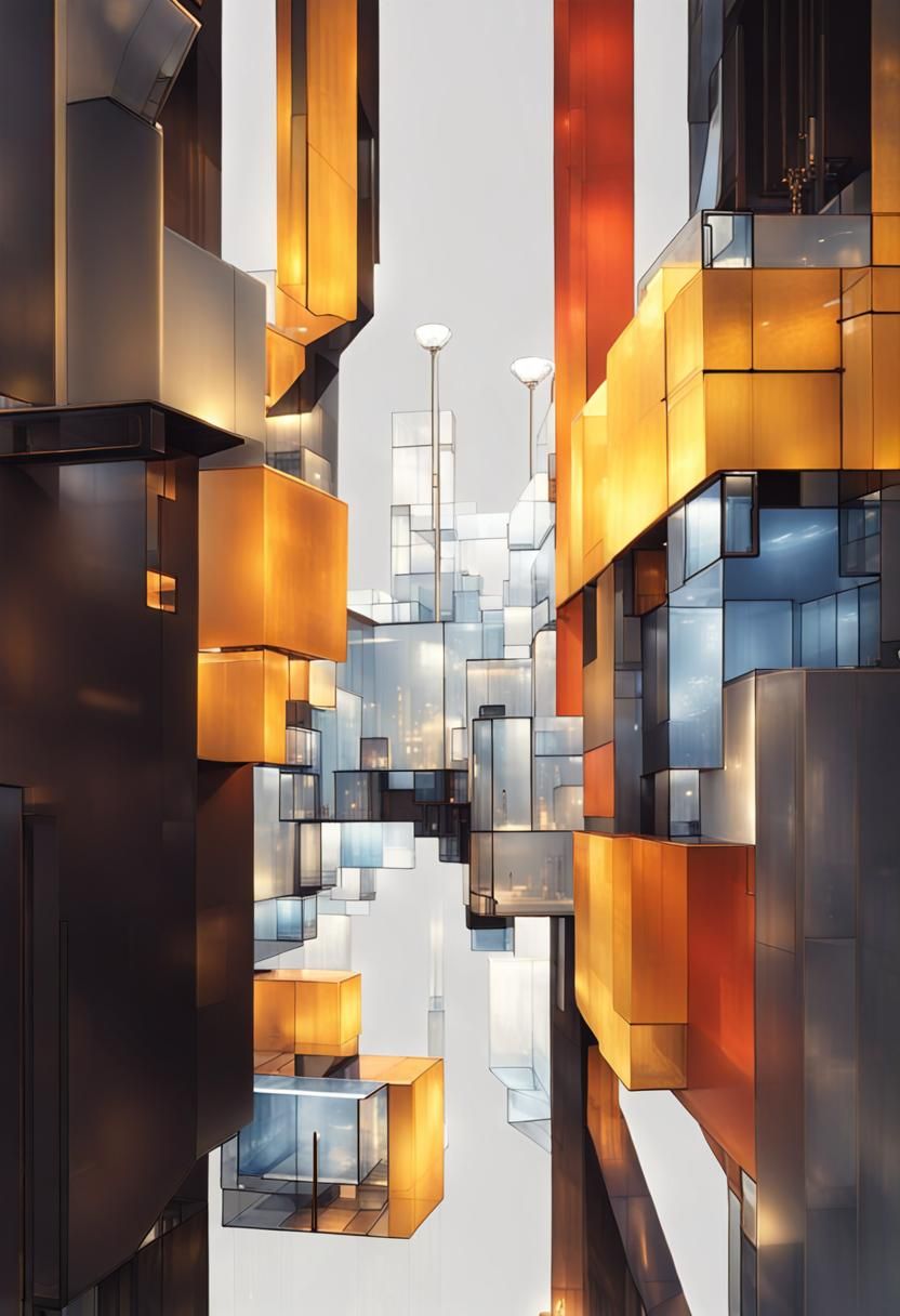 Steampunk City in Glass Cube, Mondrian Style