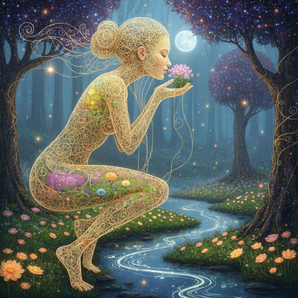 Filigree Woman Kisses Surreal Garden in Ethereal Glow