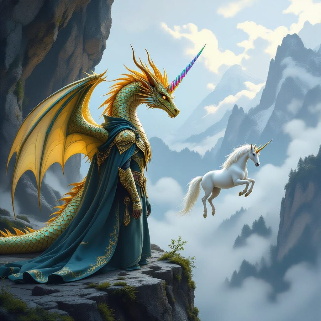 Gold Dragon Unicorn Hybrid in Misty Lair