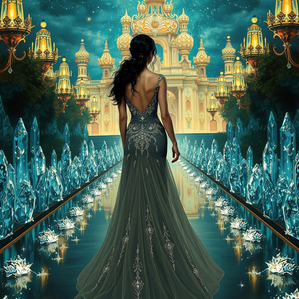 Elegant Woman in Crystal Embellished Gown Walking Towards Pa...