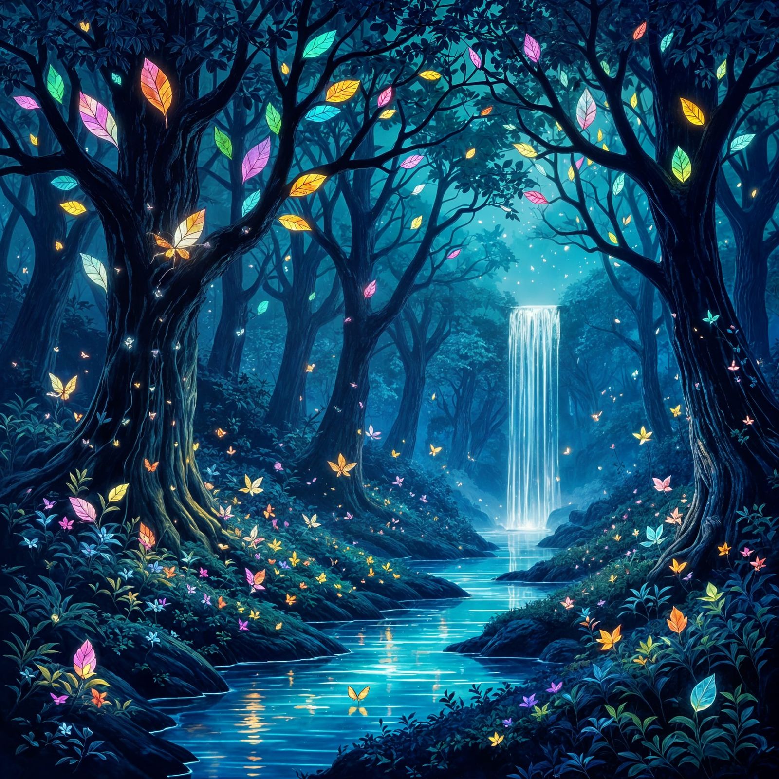 Bioluminescent Forest with Stained Glass Leaves