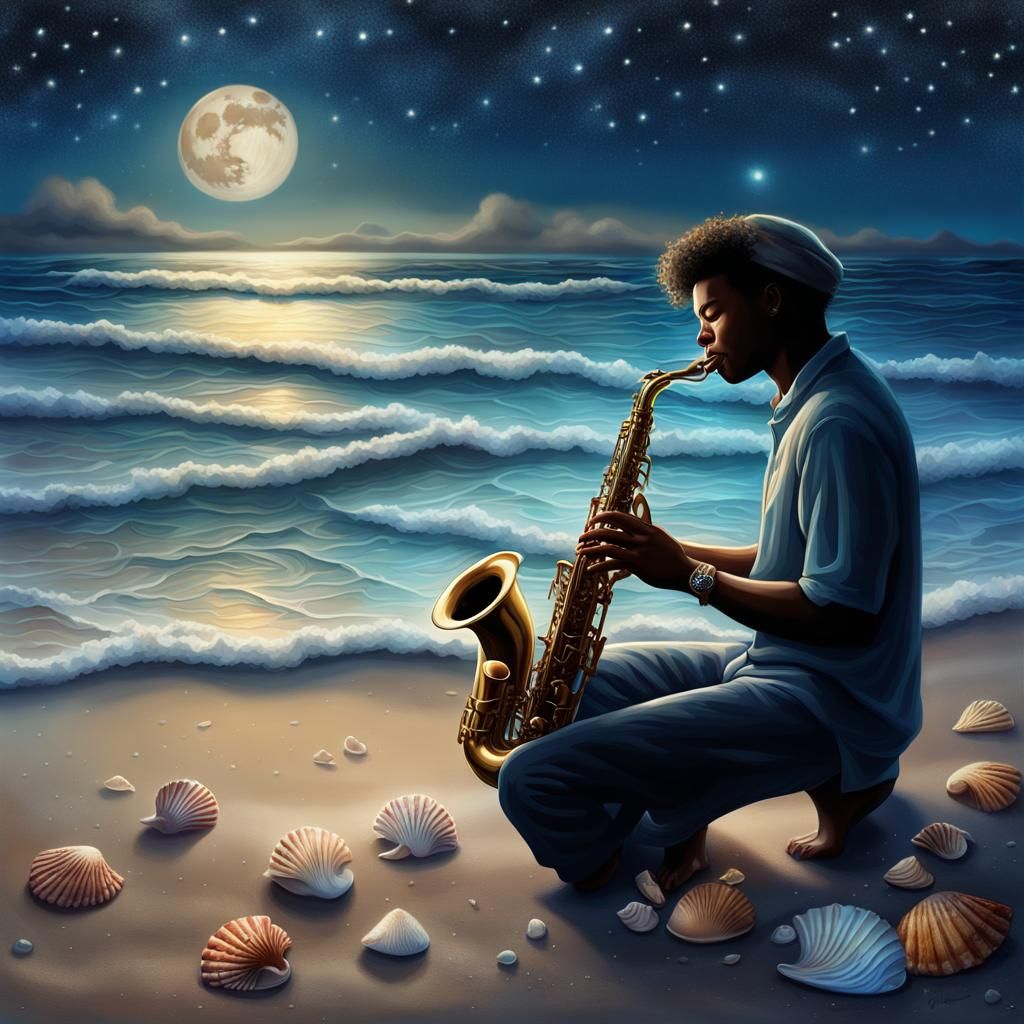 Saxophonist Under Starry Beach Skies