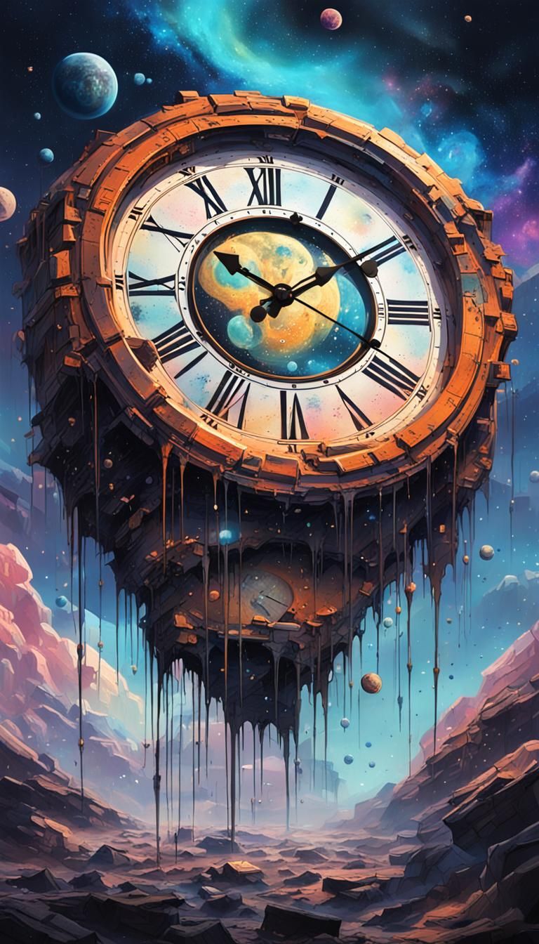 A gigantic, haunted clock floating in  outer space. Star fie...