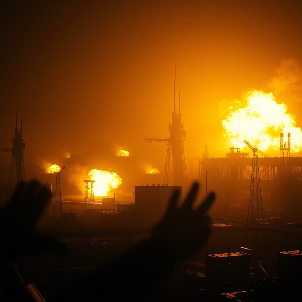 Distant Explosions in Golden Light: Cinematic Dystopian Scen...