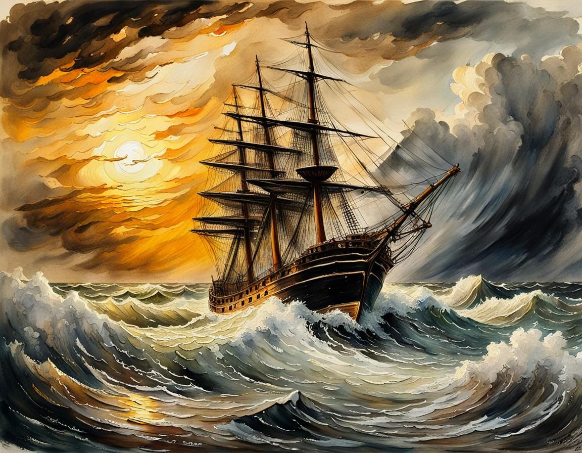 Dramatic Ship in Stormy Sea Painting