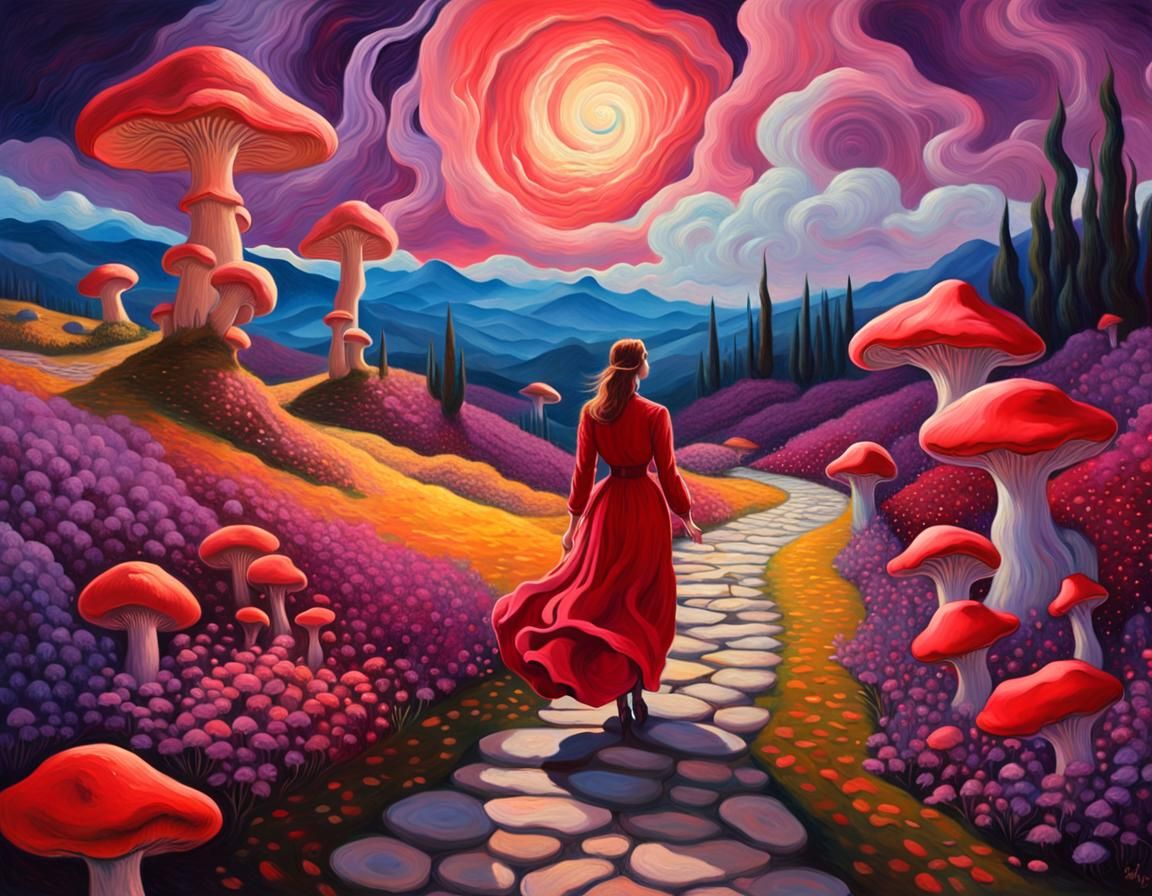 Surreal Glowing Mushroom Landscape as Oil Painting