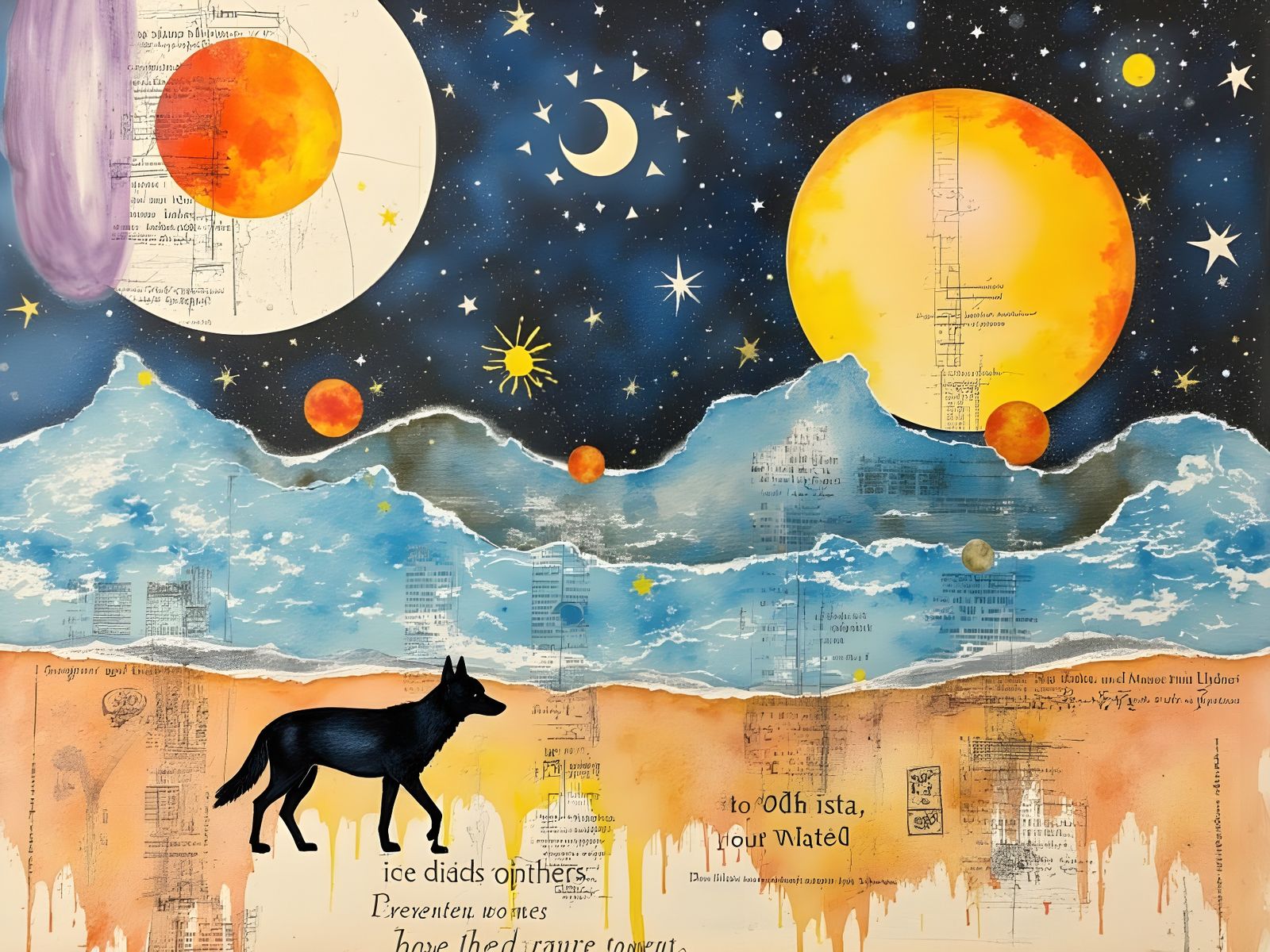 Vibrant Watercolor Nature Scene with Celestial Elements