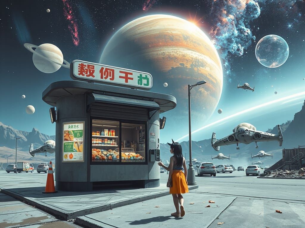 Cute Alien Girls Depart a Futuristic Cyberpunk Gas Station i...