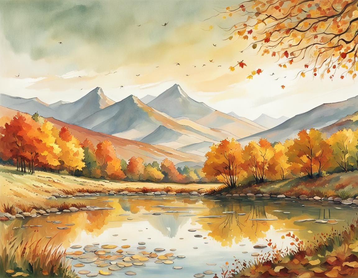 Autumn Leaves Reflecting Golden Hilly Landscape