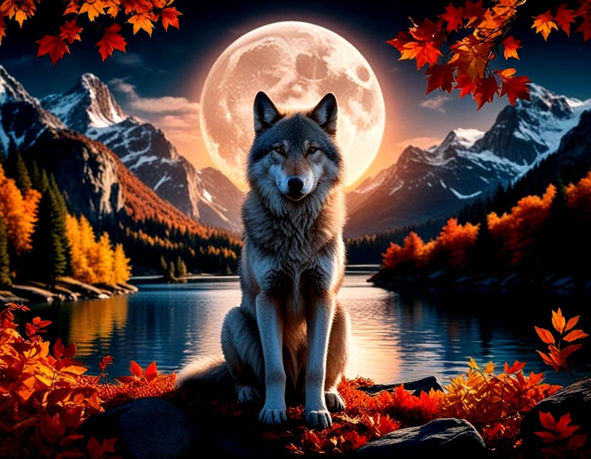 Majestic Wolf Under the Autumn Moon