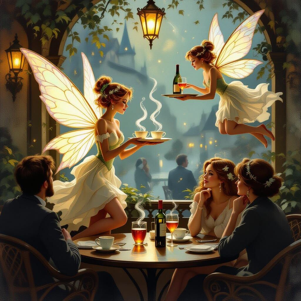 Enchanting Fairy Cafe Scene in Impressionistic Oil Style