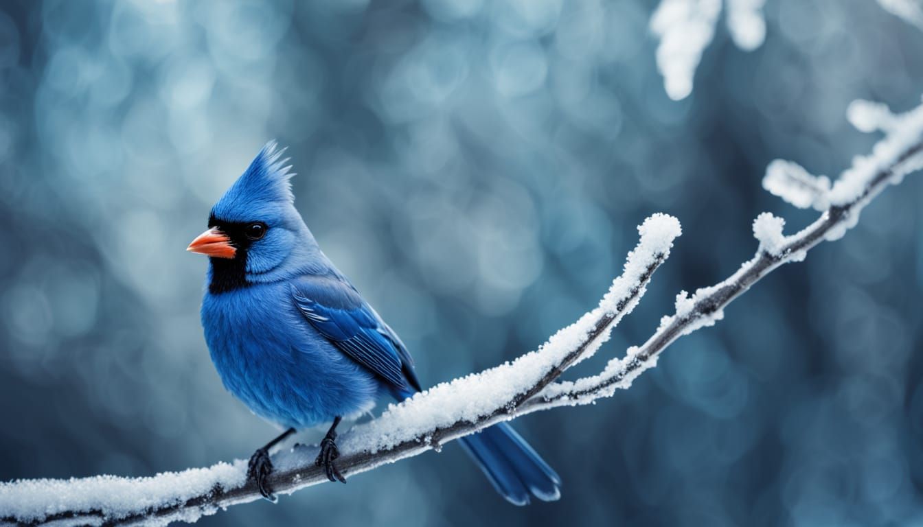 Hyperrealistic Blue Cardinal on Frosty Branch