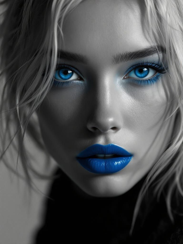 Monochrome Portrait with Vivid Blue Accents