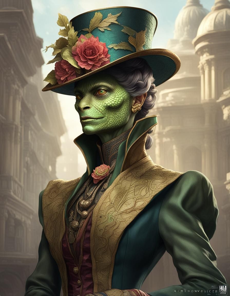 Victorian Lizard-Woman Portrait in Art Nouveau Style