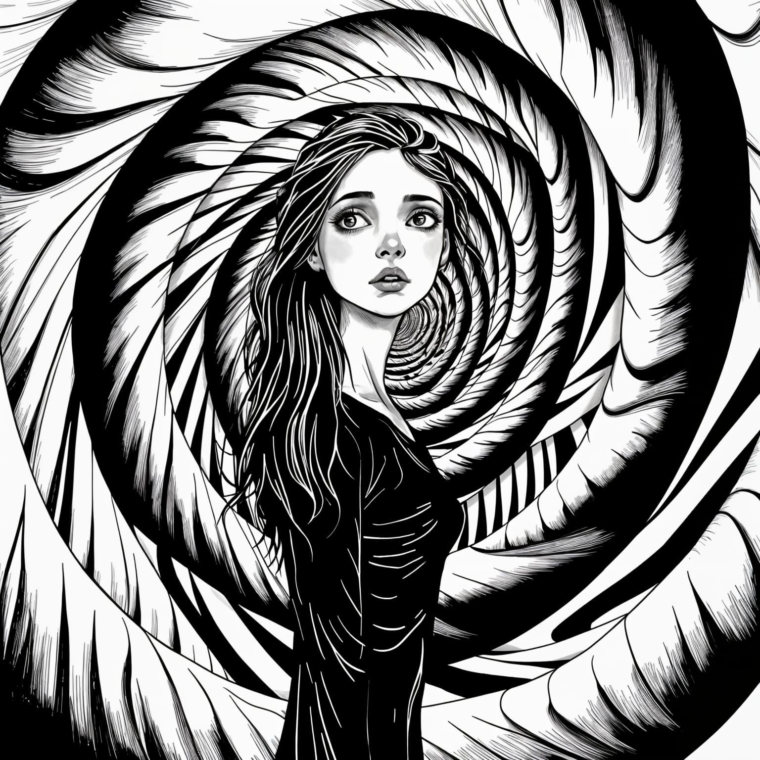 Surreal Woman in Black and White Spiral World
