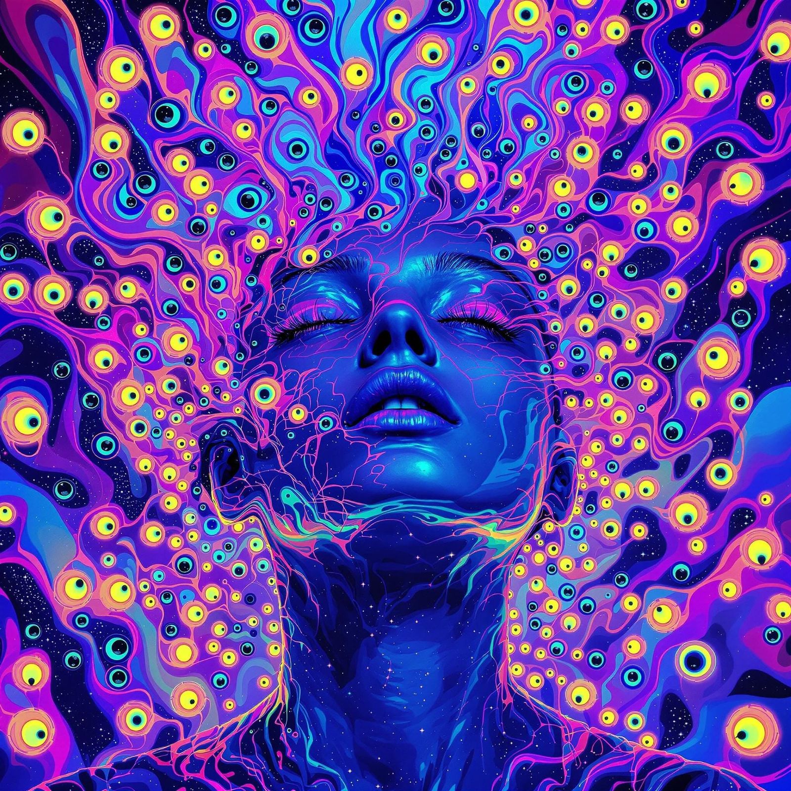 Neon Head Melting into Bioluminescent Dreamscape