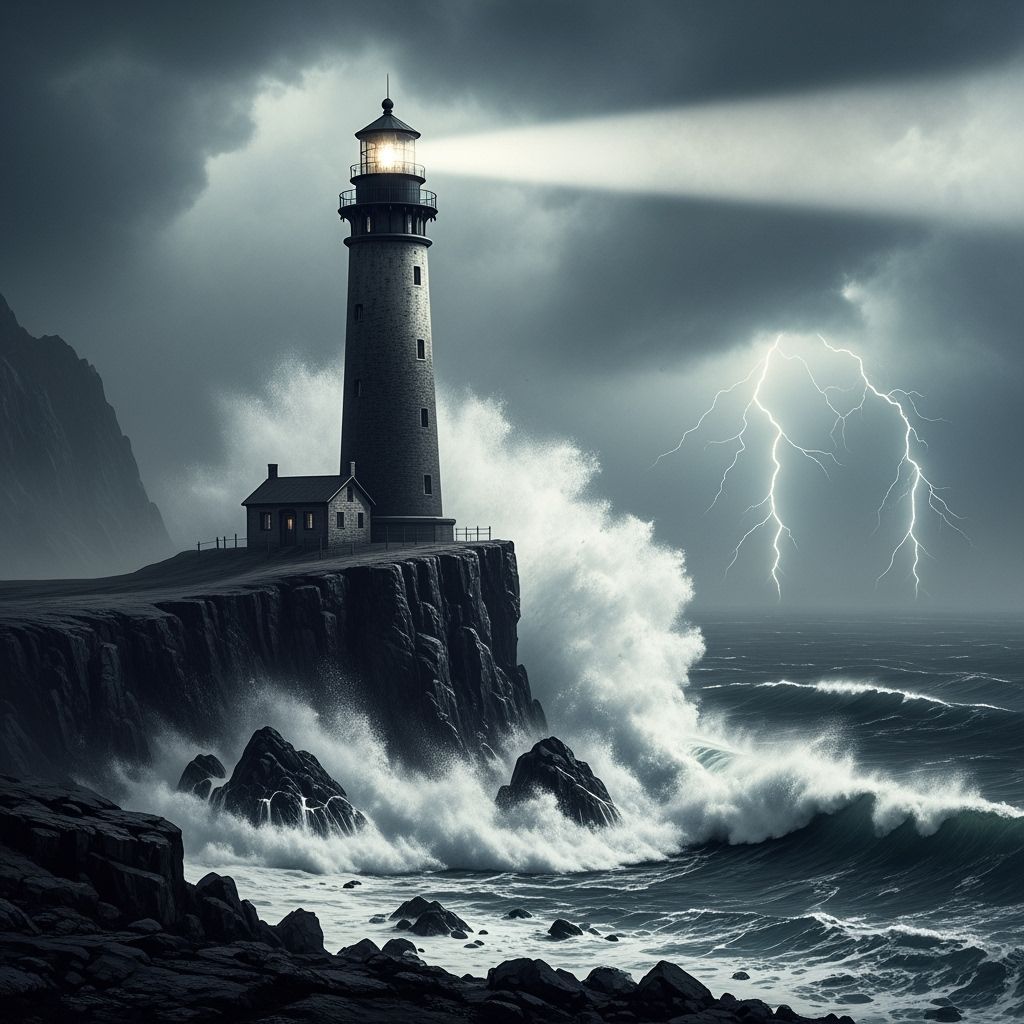 Lighthouse in Stormy Dark Fantasy Landscape