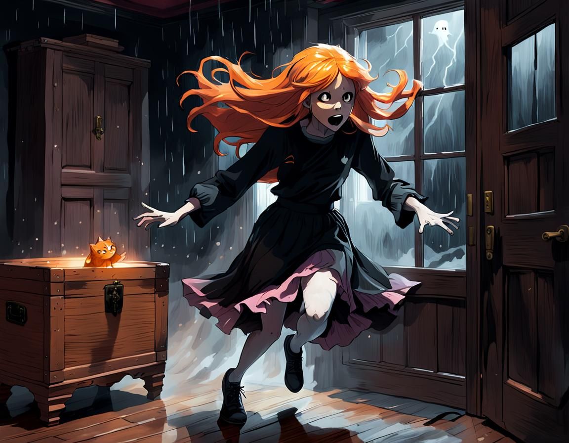 Ghostly Prank: Startled Catgirl in Dark Fantasy Art