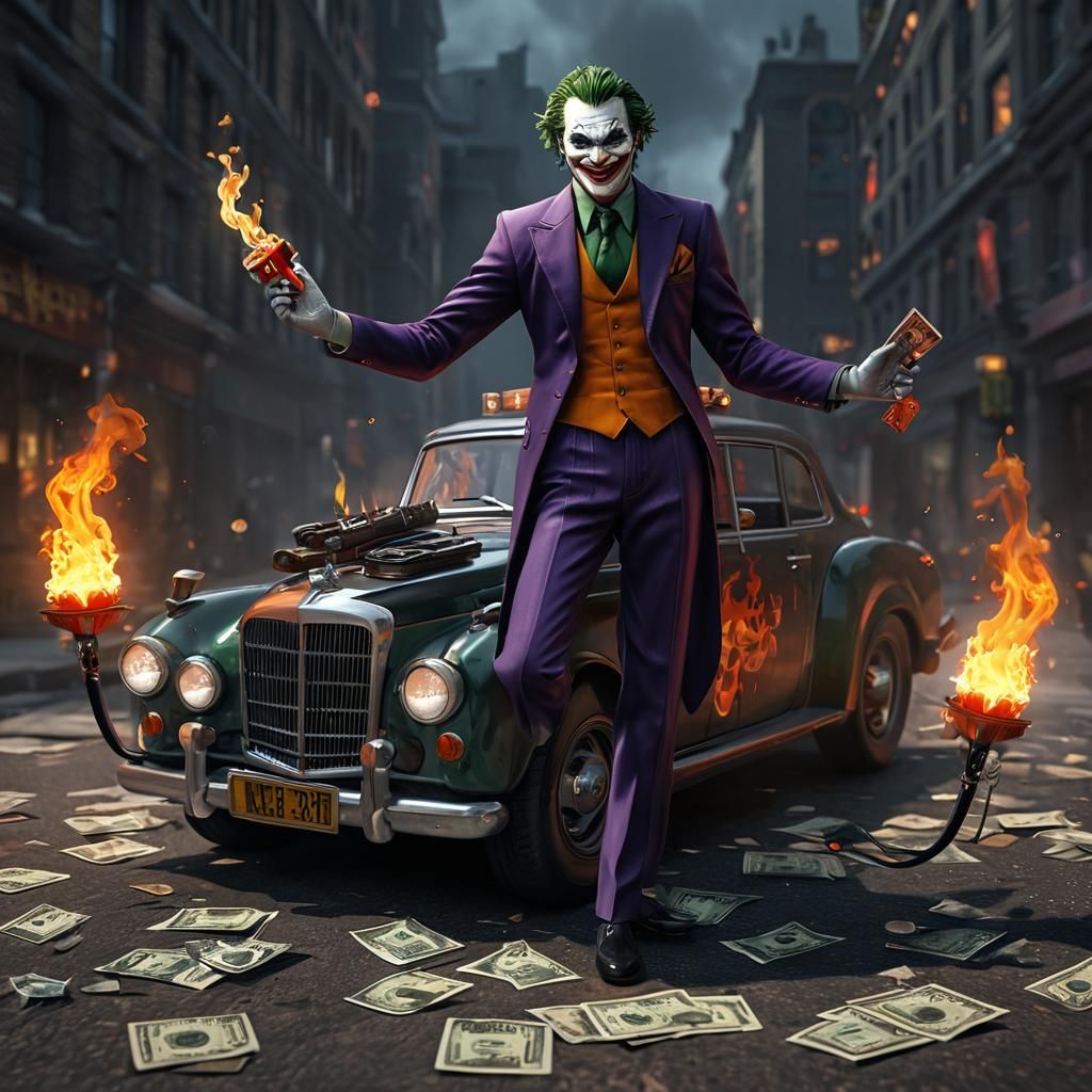 Joker of Gotham Smirking with Currency: Anime-Inspired 3D Ar...
