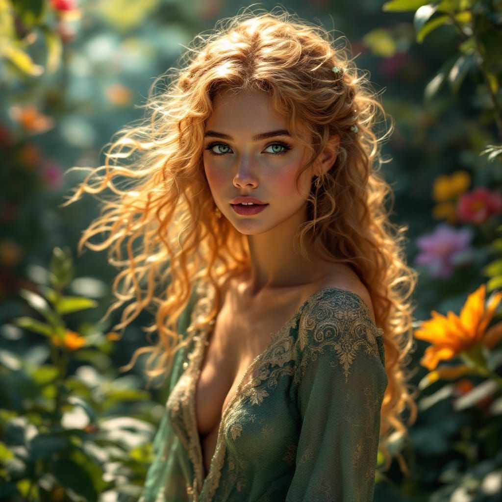 Mystical Goddess Amidst Vibrant Foliage