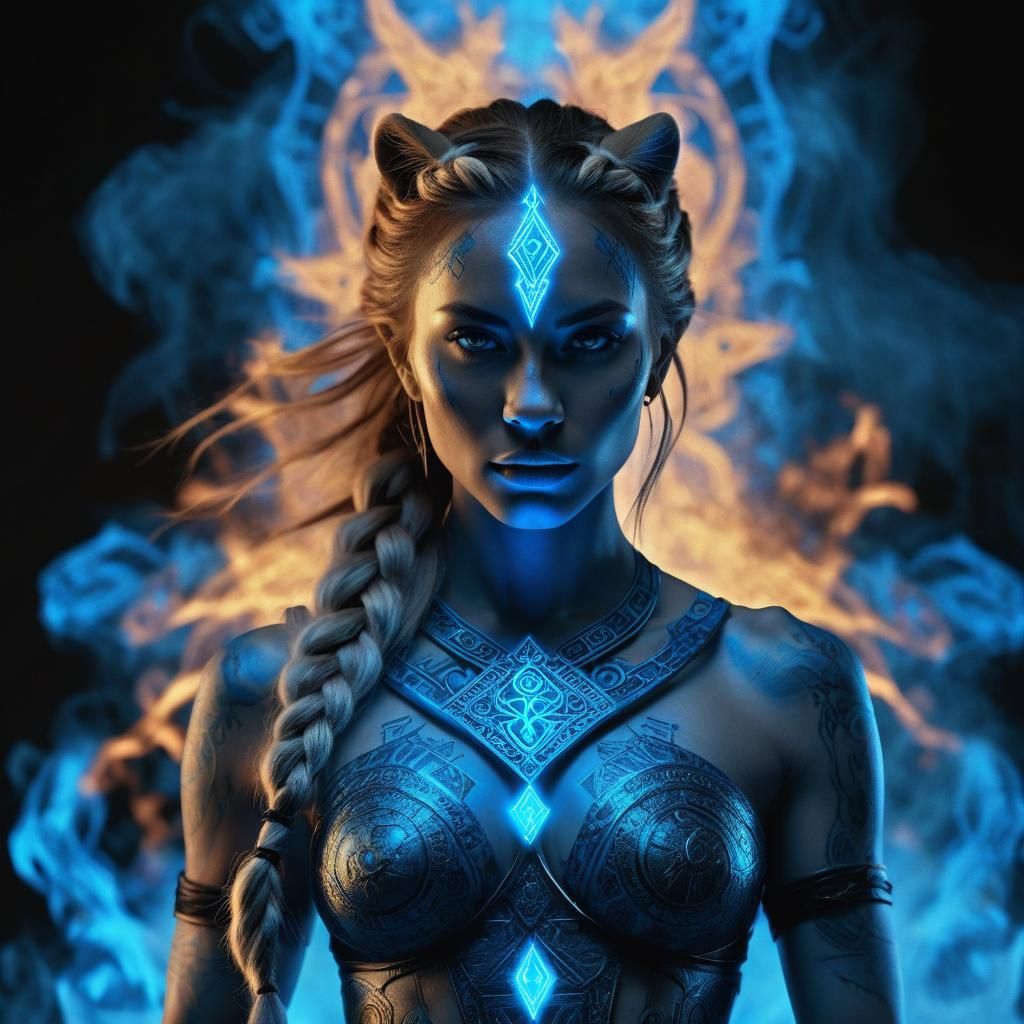 Warrior Woman and Runed Lioness in Fantasycore Style