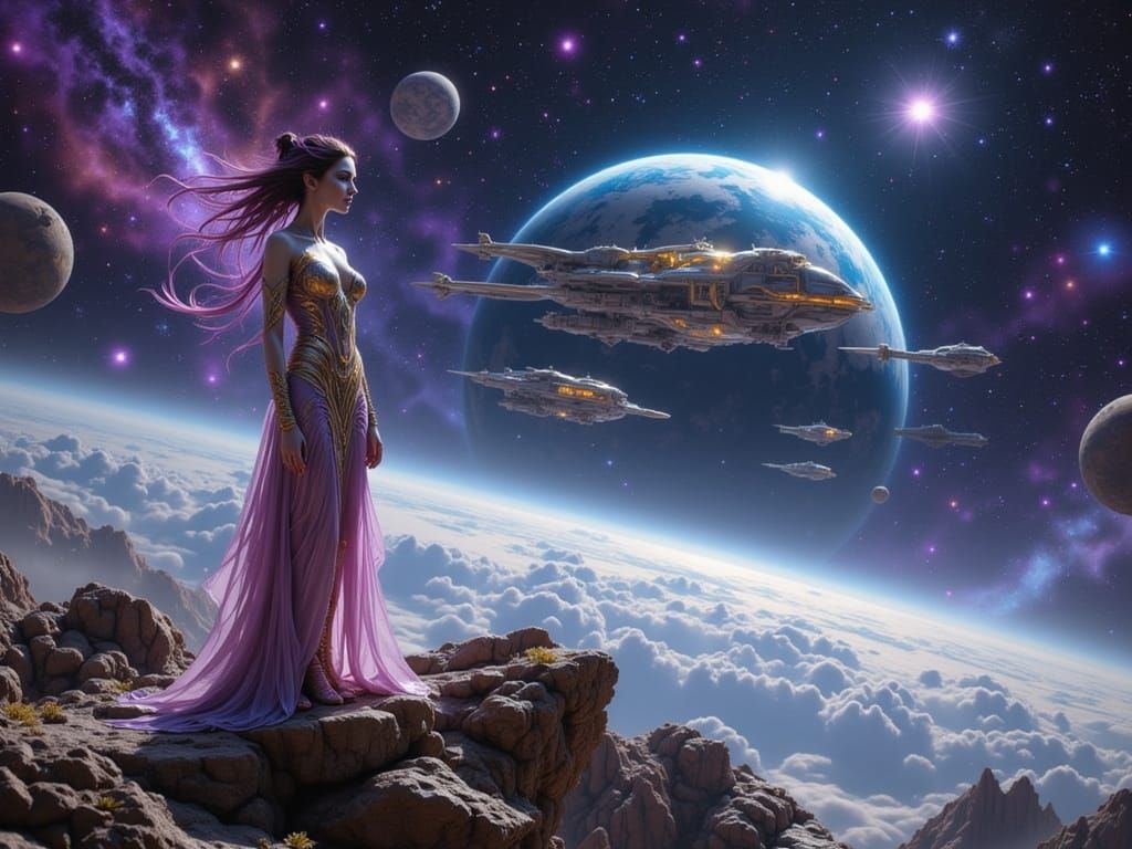 Shimmering Alien Woman in Space as Matte Painting
