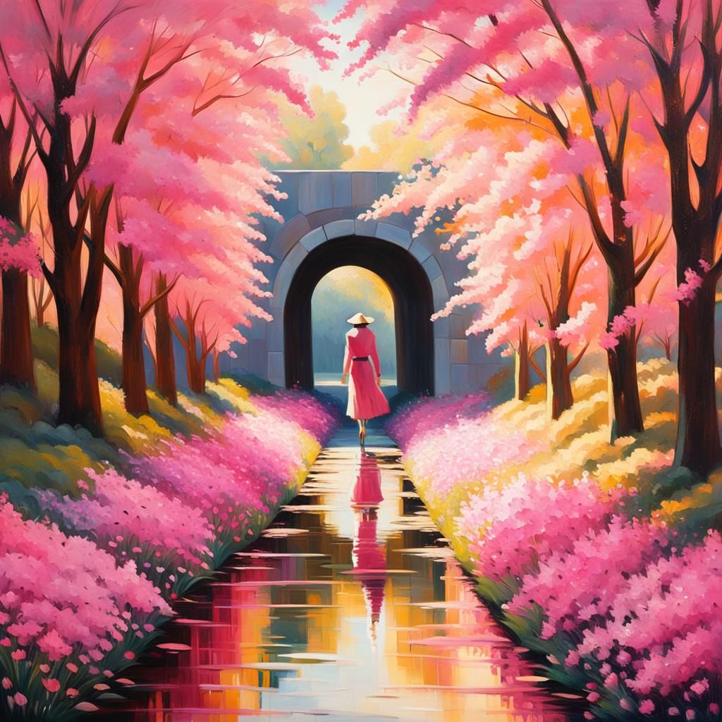 Art Deco Tunnel of Pink Flowers in Impressionist Style