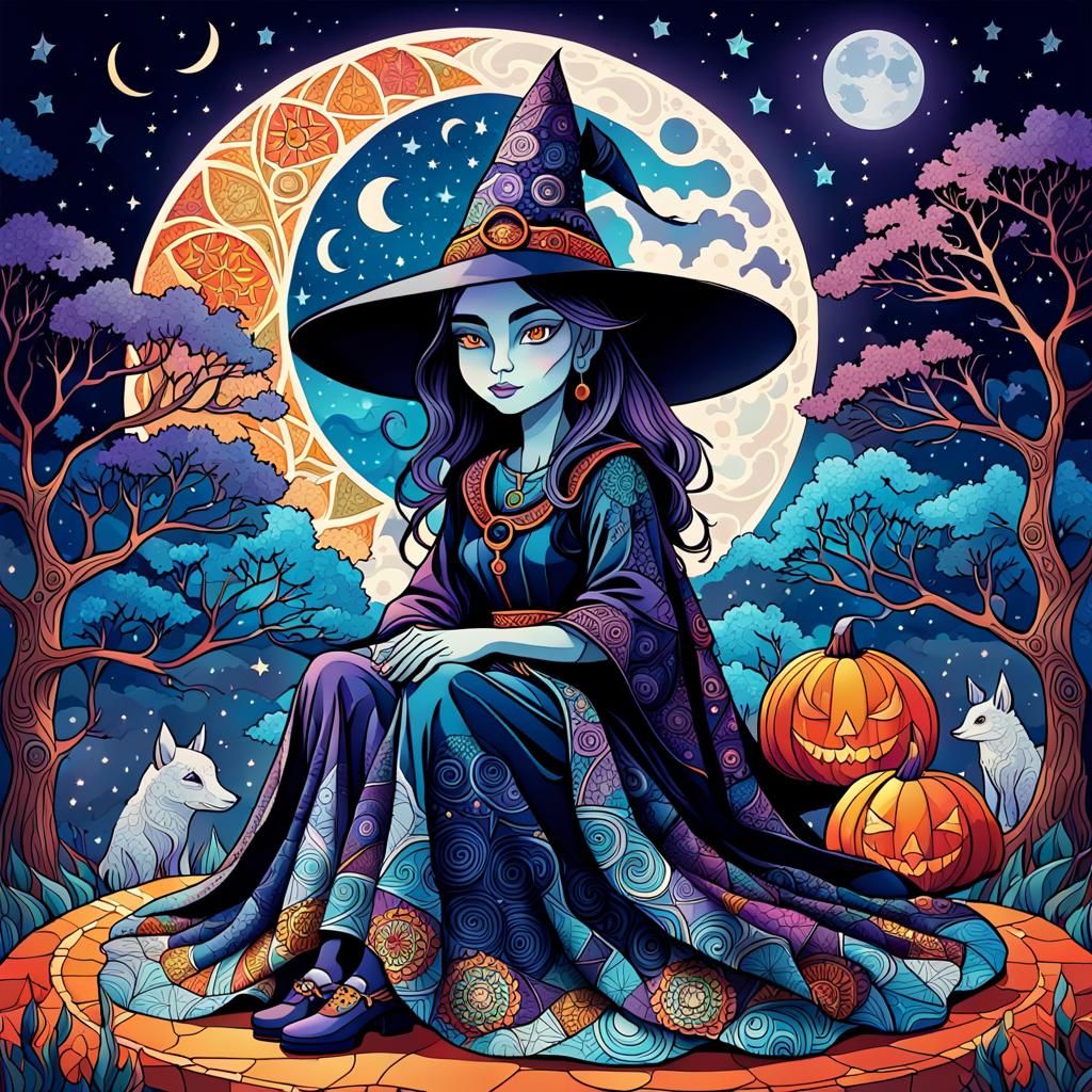 Witch Under Moon in Adult Coloring Book Style