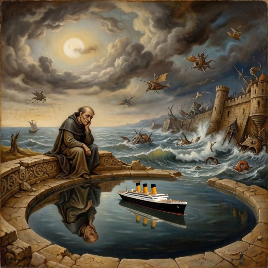 Man Watches His Reflection in Surreal Waterfront Scene