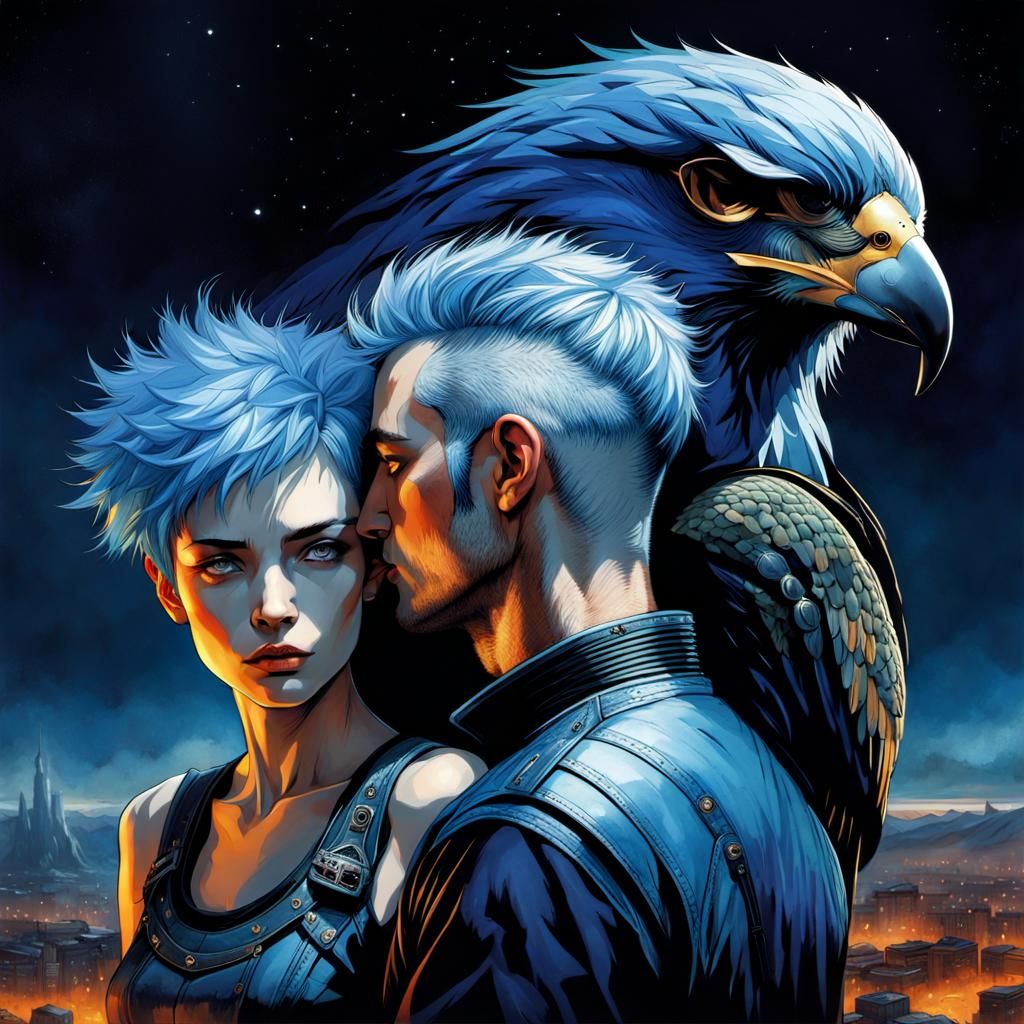 Hawk-Headed Man Embraces Blue-Haired Woman: Digital Art