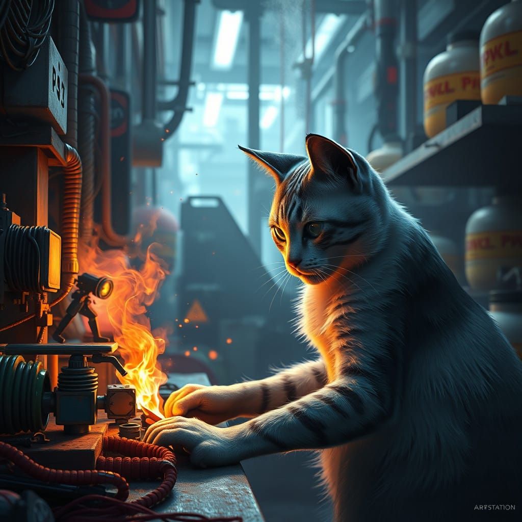Cyberpunk Cat Factory Worker in Deep Color