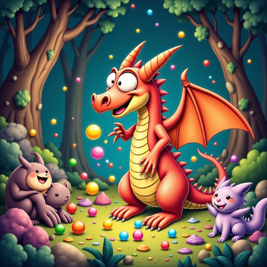 Vibrant Whimsical Dragon Finds Treasure in Bookshelf World