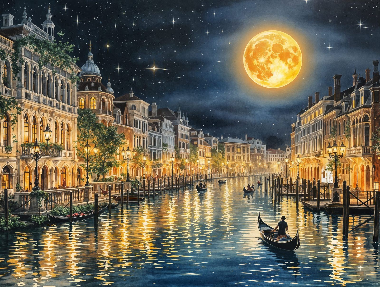 Venetian Night Scene in Watercolor Style