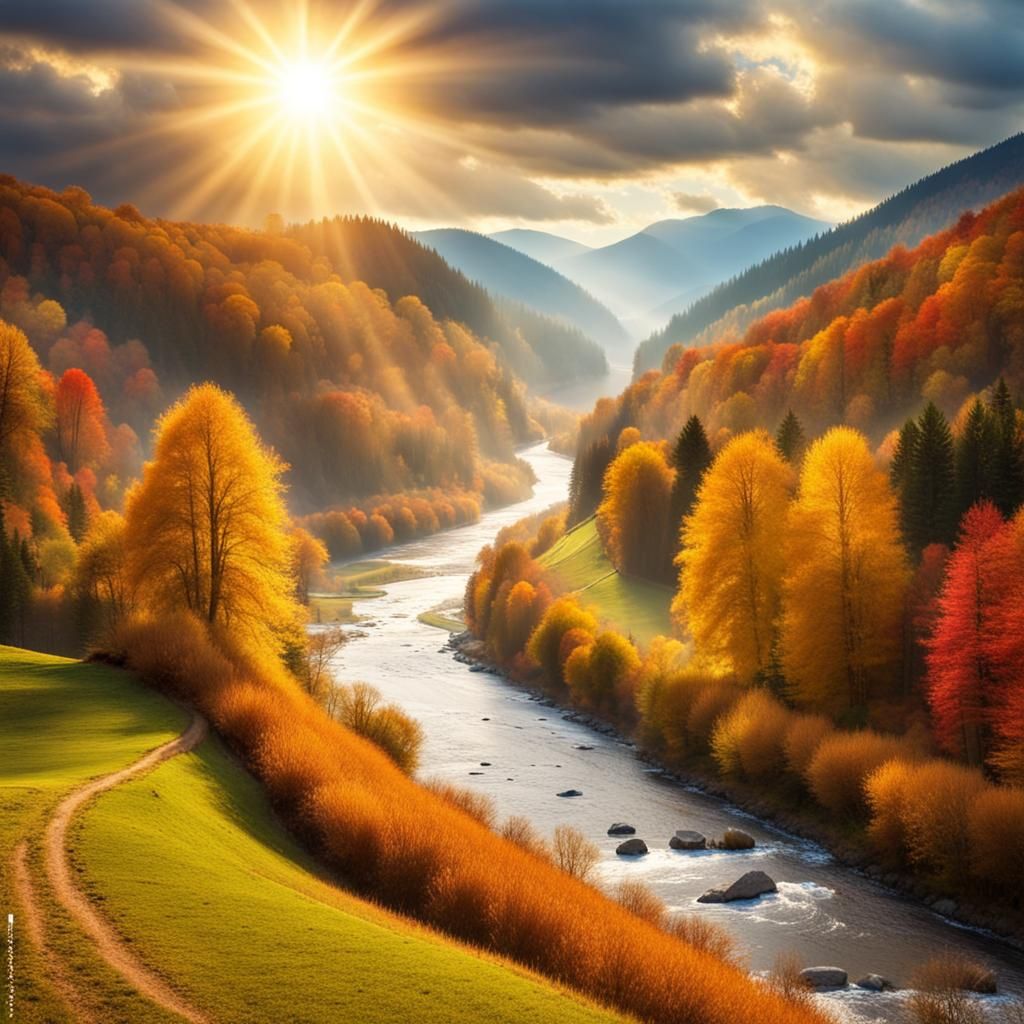 Autumn River Valley in Divine Sunshine
