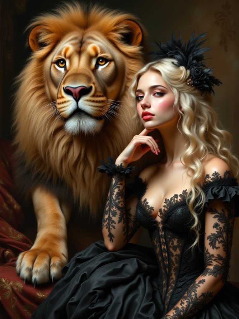 Majestic Lion and Ethereal Beauty in Rococo Oil Painting