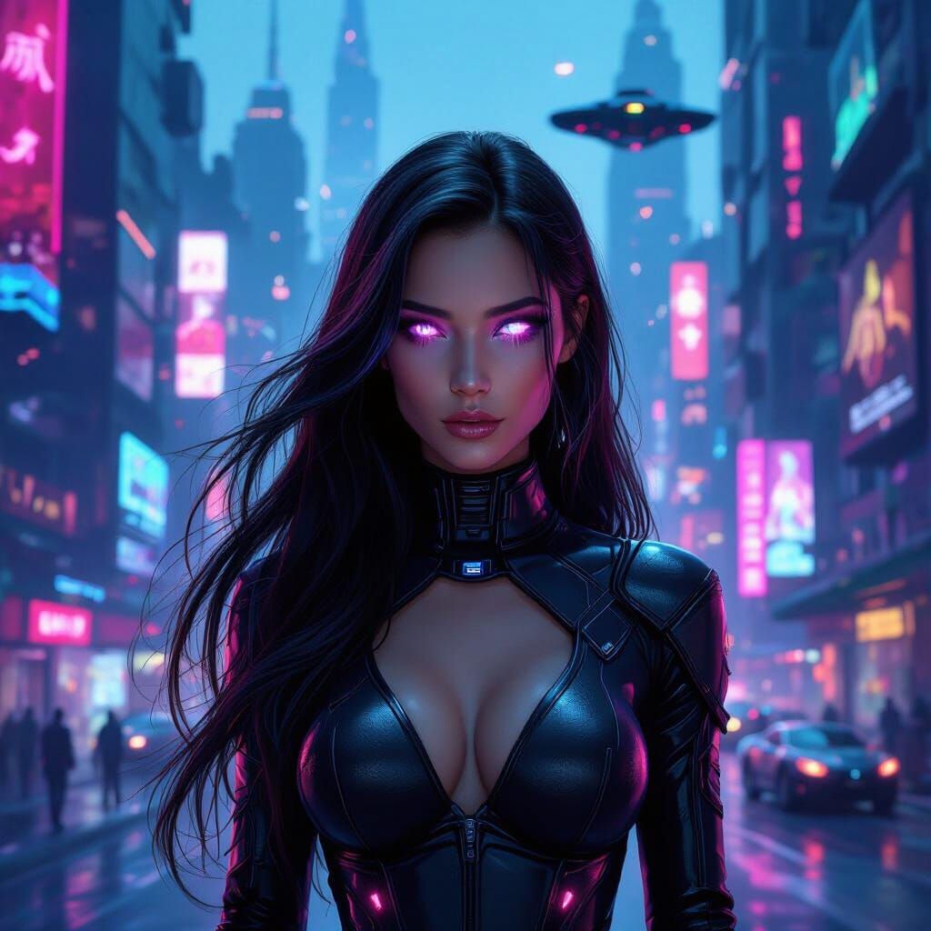 Cyberpunk Woman in Neon Cityscape