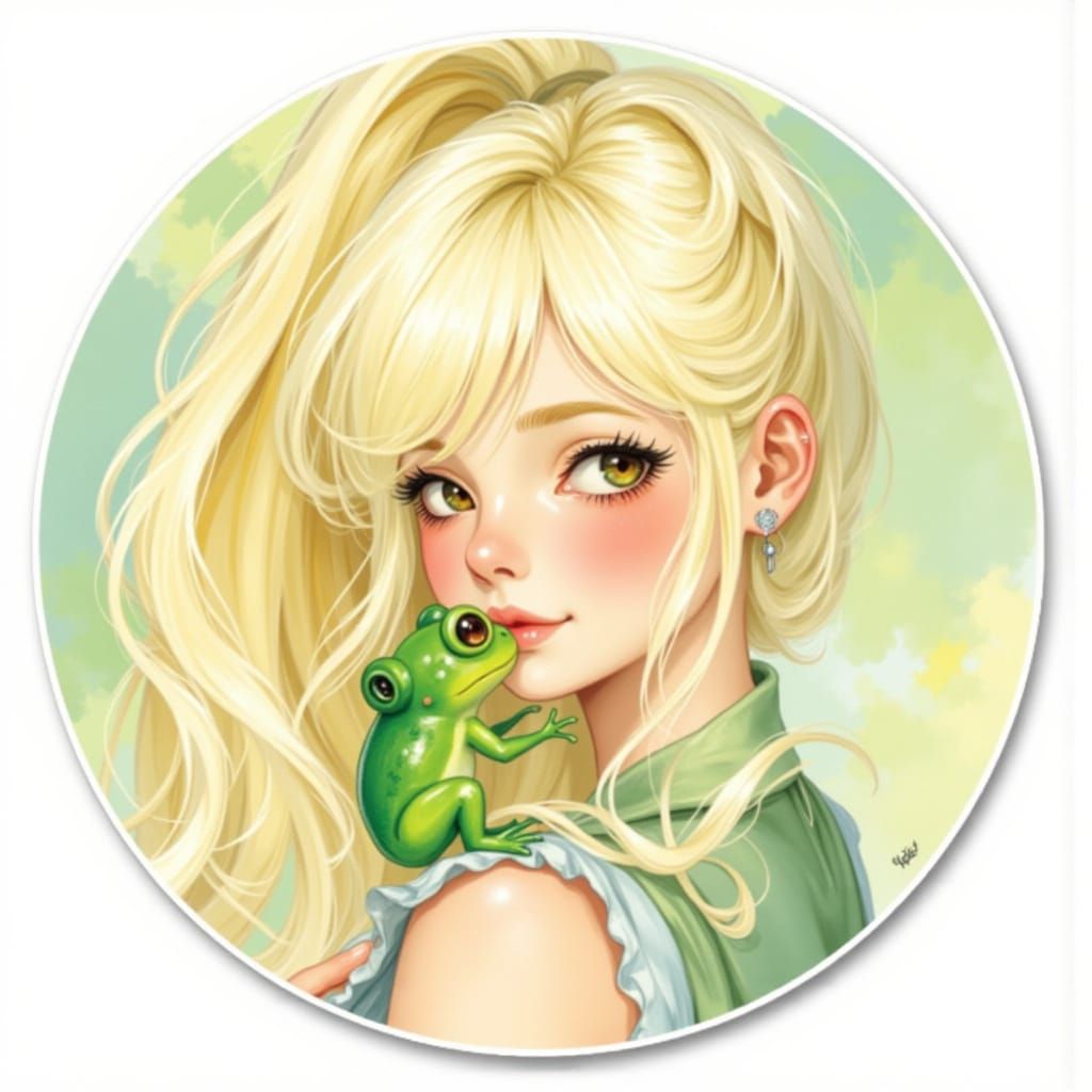 Sticker Design: Woman Holding Frog in Whimsical Style