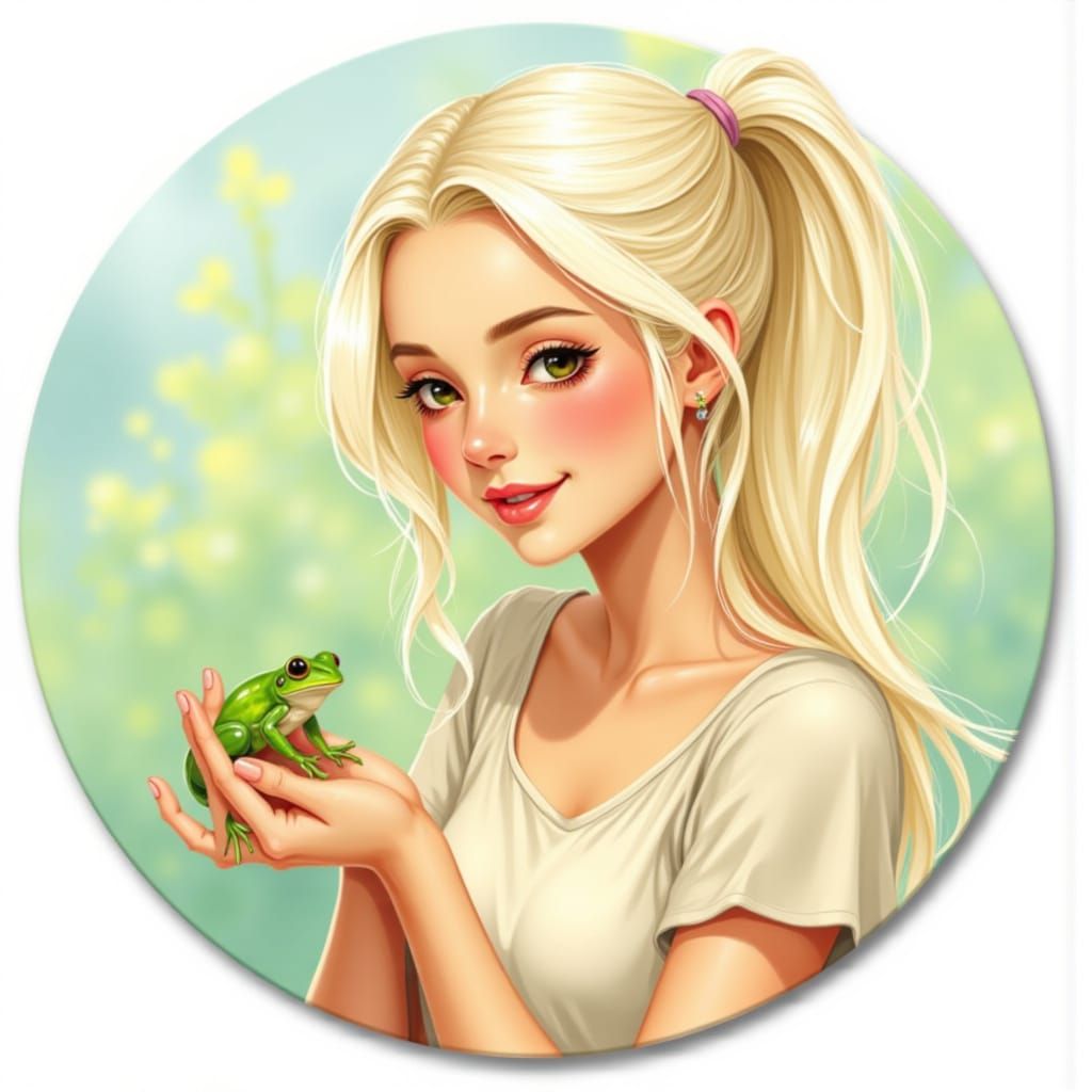 Frog Core Sticker Design: Woman Holding Baby Frog