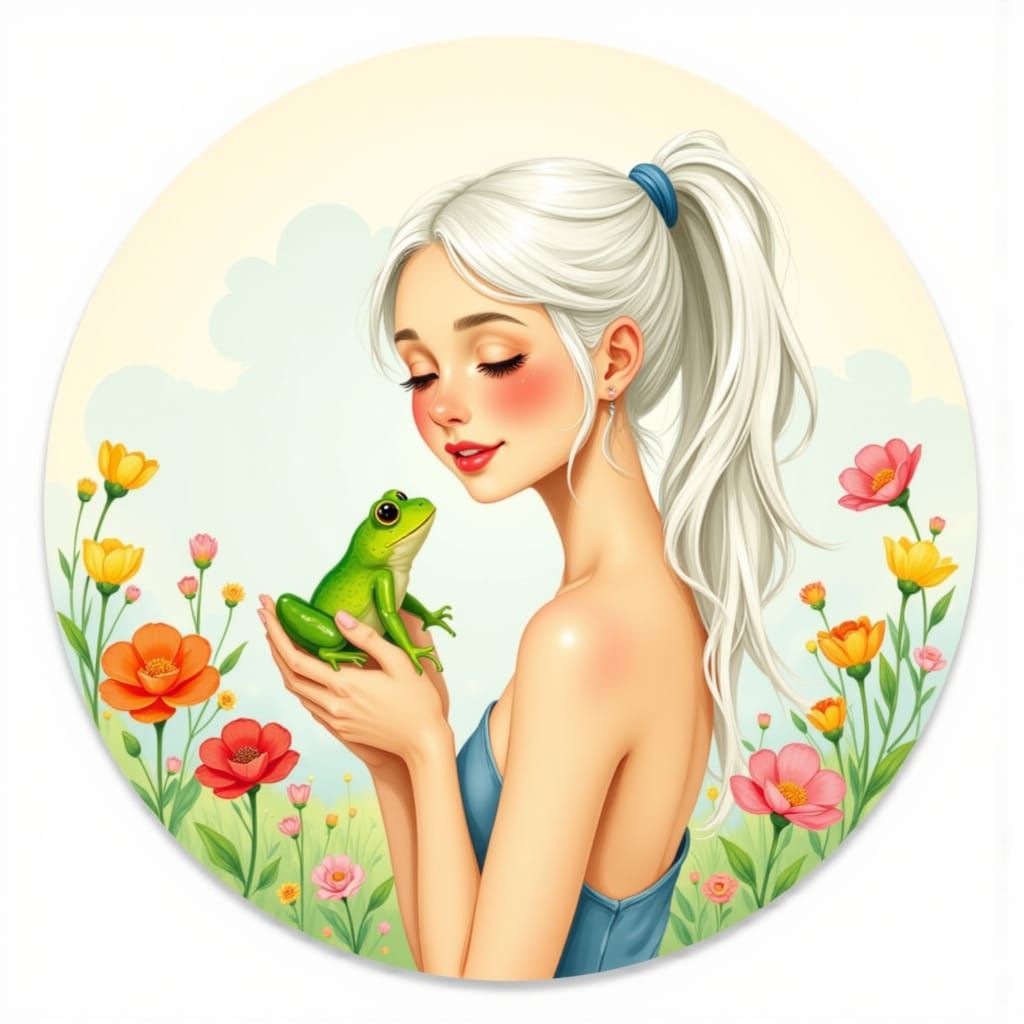 Frog Core Sticker Design: White Haired Woman & Frog