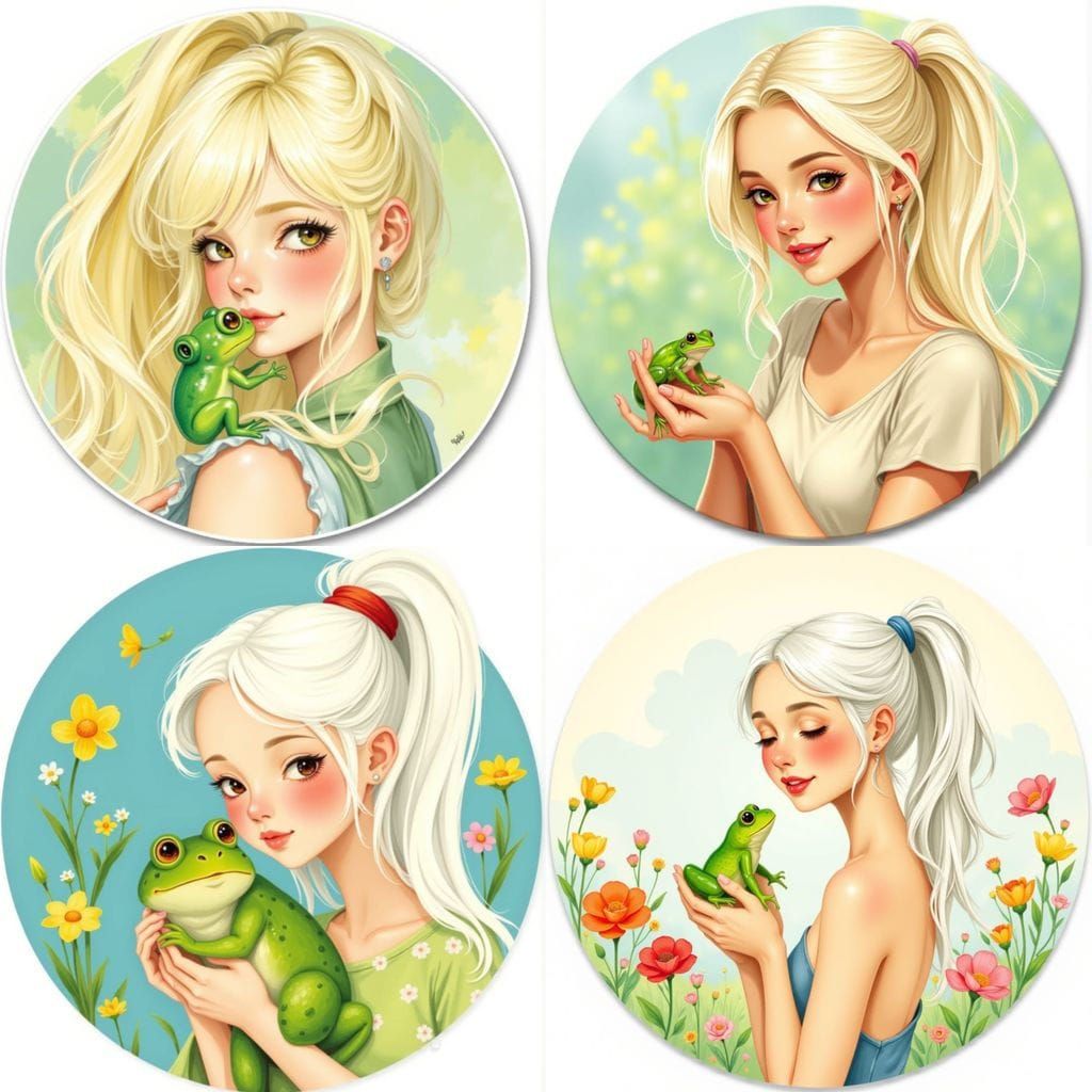 Cute Frog Sticker Design with White Haired Woman