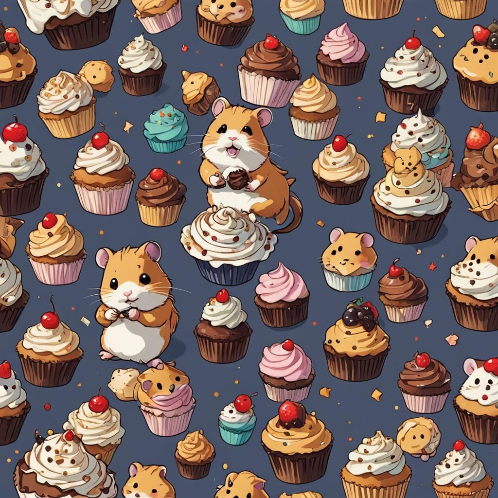 Hamster Eating Cupcake in Anime Style
