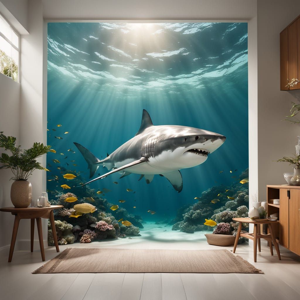 Sleek Grey Shark Glides Through Shallow Turquoise Waters in...