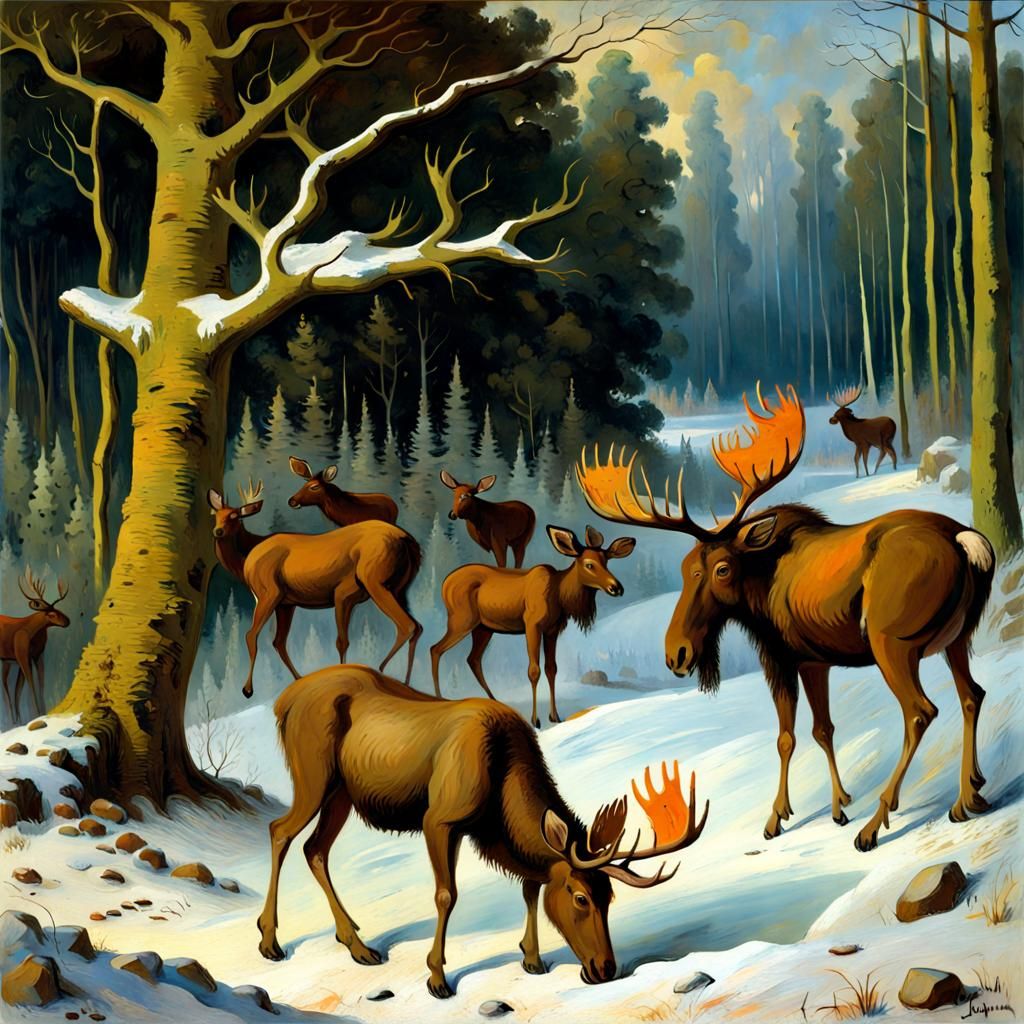 Goblin Feeds Moose in Winter Forest: Gauguin Style
