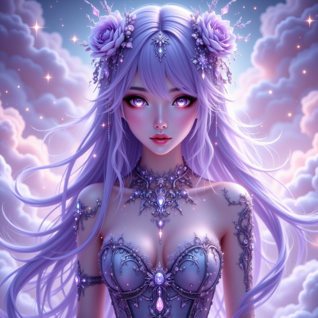Ethereal Fantasy Girl with Purple Hair and Glowing Accents