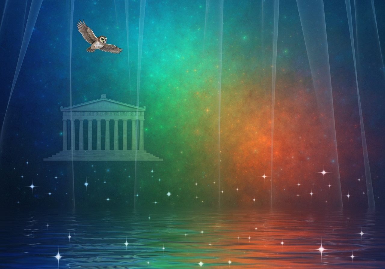 Chinese Ink Painting with Owl and Temple